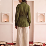 Sculpted Smocked Waist Shirt Top with Bottom Embroidery Details