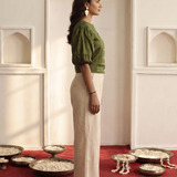 Olive Green Glass Mirror Embroidery Short Top with Off White Stat Fit Pant Co-Ord Set