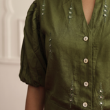 Olive Green Glass Mirror Embroidery Short Top with Off White Stat Fit Pant Co-Ord Set