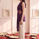 Midnight Bloom Waist Detail and One Shoulder Drap Top with Mandala Motif with Off White Stat Fit Pan Co Ord Set