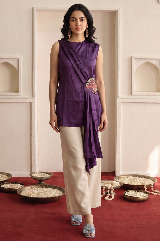 Midnight Bloom Plum Draped Top and Straight-Fit Trouser Co-ord Set