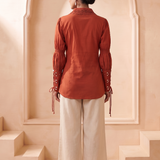 Rust Embellished Statement Adjustable Sleeves Shirt with Mirror Embroidery Detail