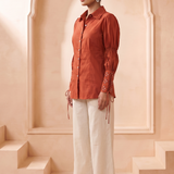 Rust Embellished Statement Adjustable Sleeves Shirt with Mirror Embroidery Detail