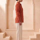 Rust Embellished Statement Adjustable Sleeves Shirt with Mirror Embroidery Detail