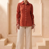 Rust Embellished Statement Adjustable Sleeves Shirt with Mirror Embroidery Detail