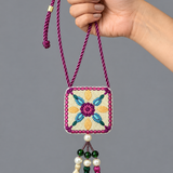 Necklace Featuring Intricate Floral Thread Embroidery In Rich Pink, Teal & Gold Tones With Tassels