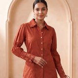 Rust Embellished Statement Adjustable Sleeves Shirt with Mirror Embroidery Detail