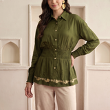 Sculpted Smocked Waist Shirt Top with Bottom Embroidery Details