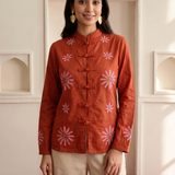Rust Toned Festive Floral Embroidery Jacket with Loop Closer Details