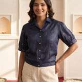 Navy Lurex Short Jacket Style Collared Top with Sleeves Embroidery