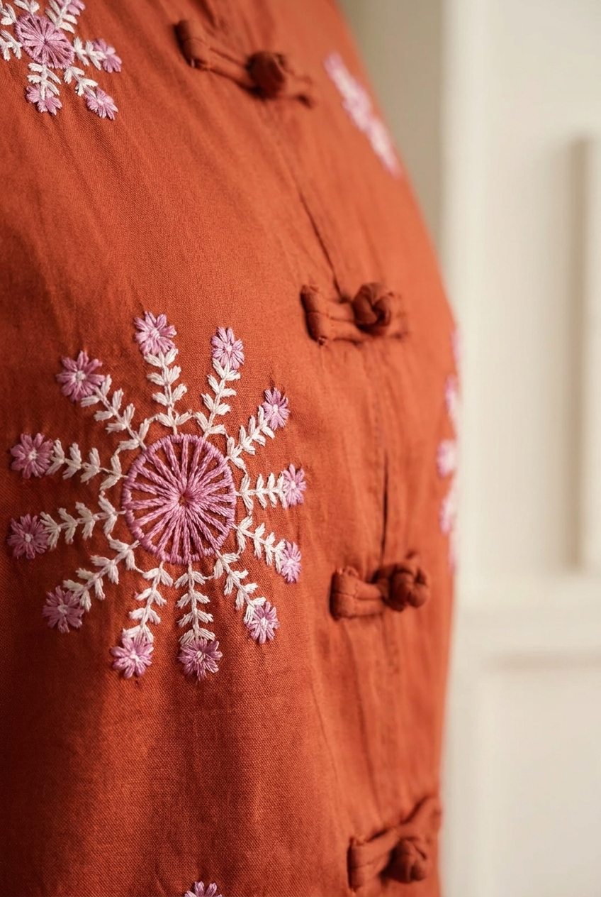 Rust Cotton Satin Floral Embroidered Jacket with Loop Closures - Western Era Tops for women