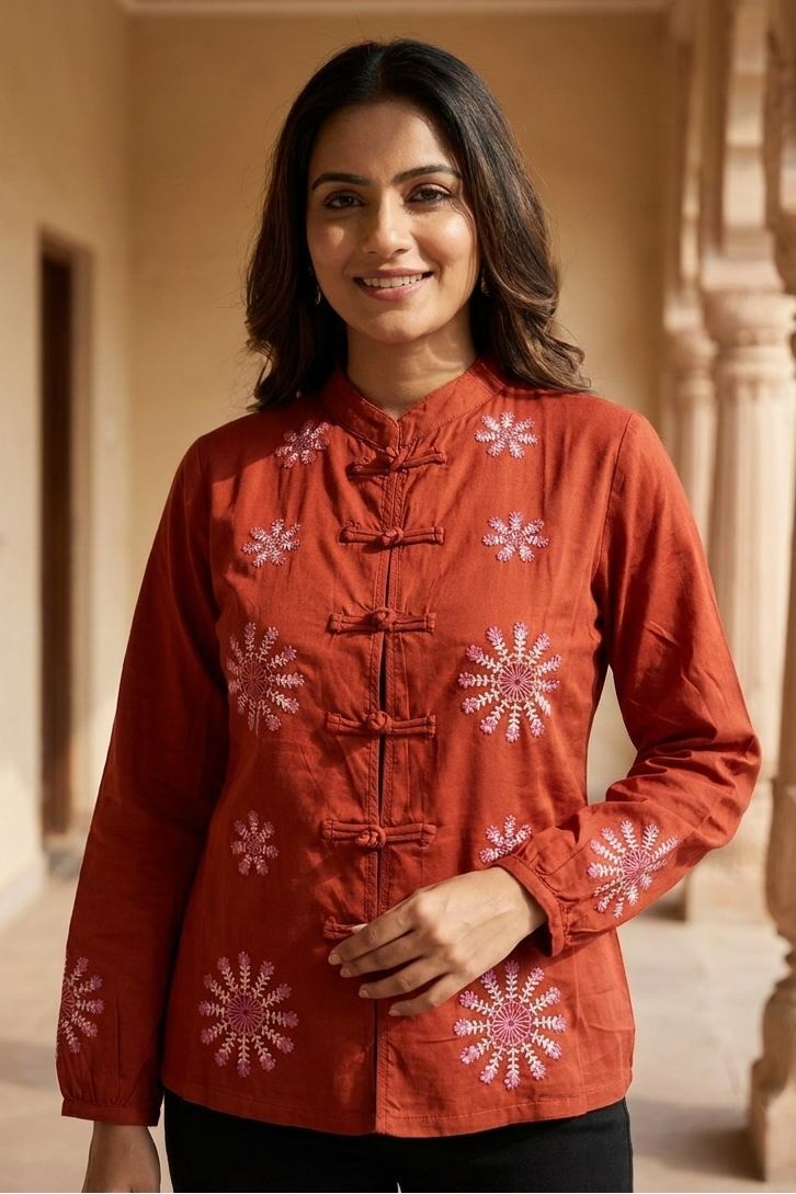 Rust Cotton Satin Floral Embroidered Jacket with Loop Closures - Western Era Tops for women