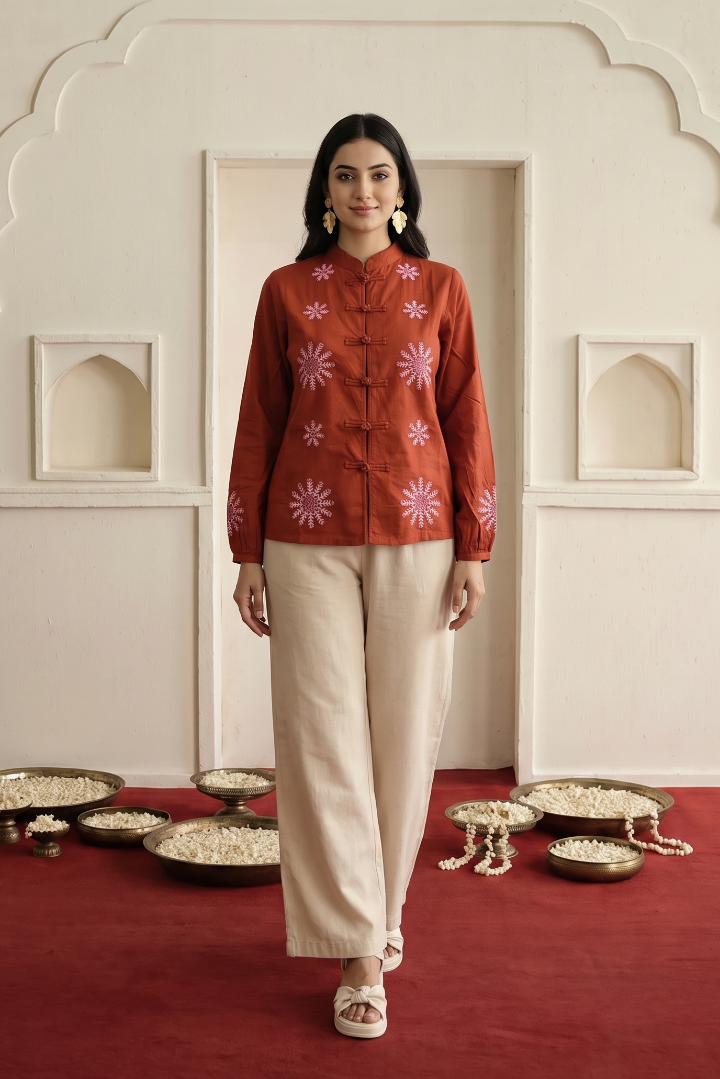 Rust Cotton Satin Floral Embroidered Top and Off-White Straight-Fit Trouser Co-ord Set - Western Era Co-ord set for women