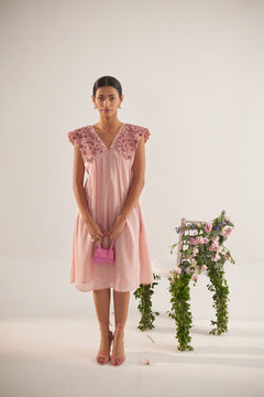 High End Event Wear Peach Circle Embroidered Collar Flowy Dress With Spaghetti