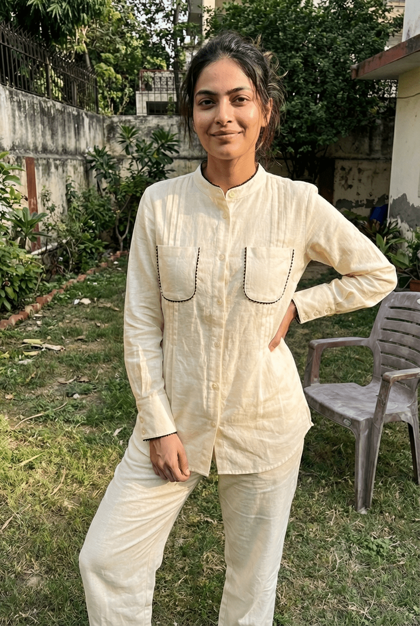 High - Low Shirt Front Pleating Styling With Lace Design Co - ord Set - Western Era Co - ord set for women