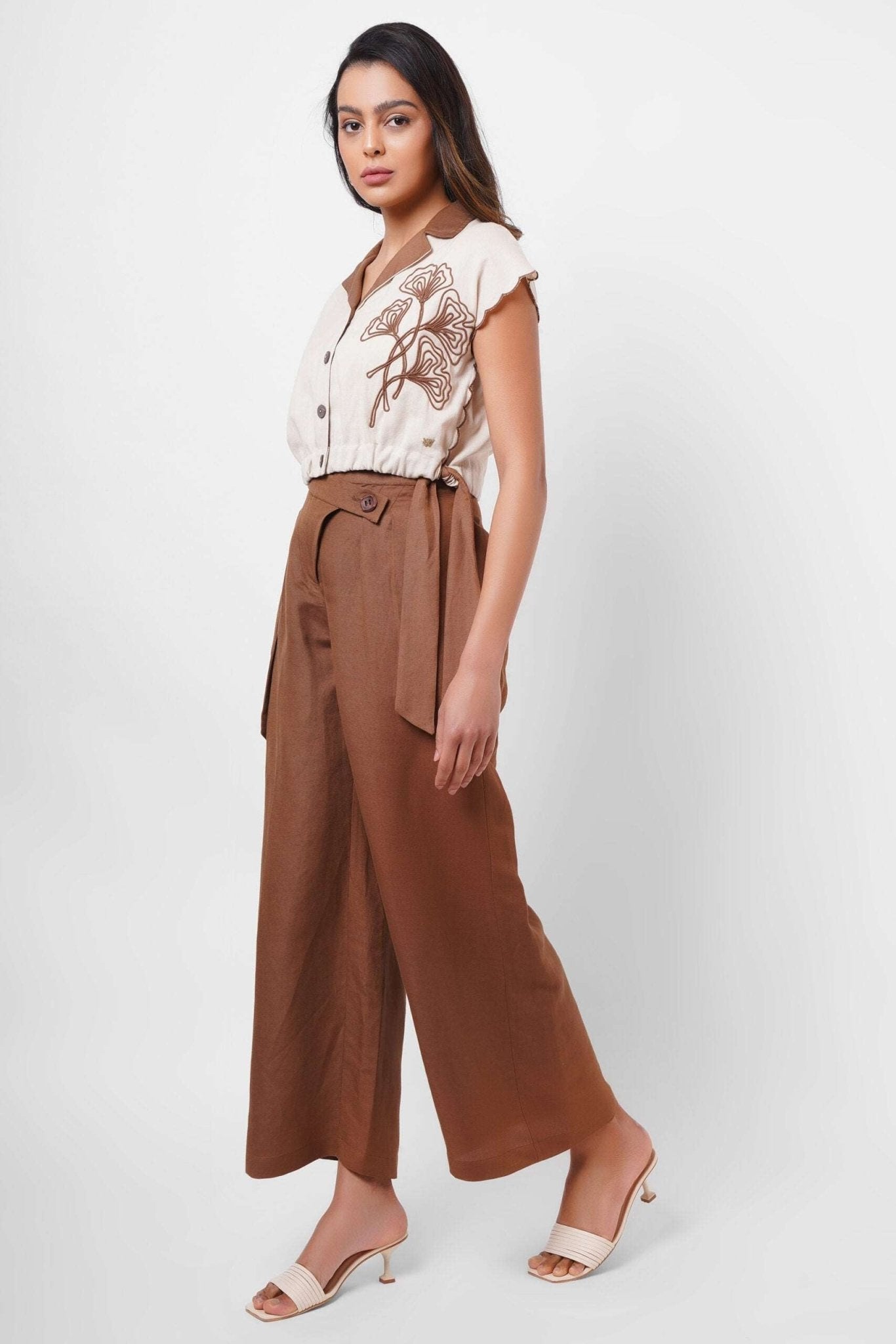 High - Waist Wide - Leg Cotton Trousers with Side Button Detail - Western Era trousers for women