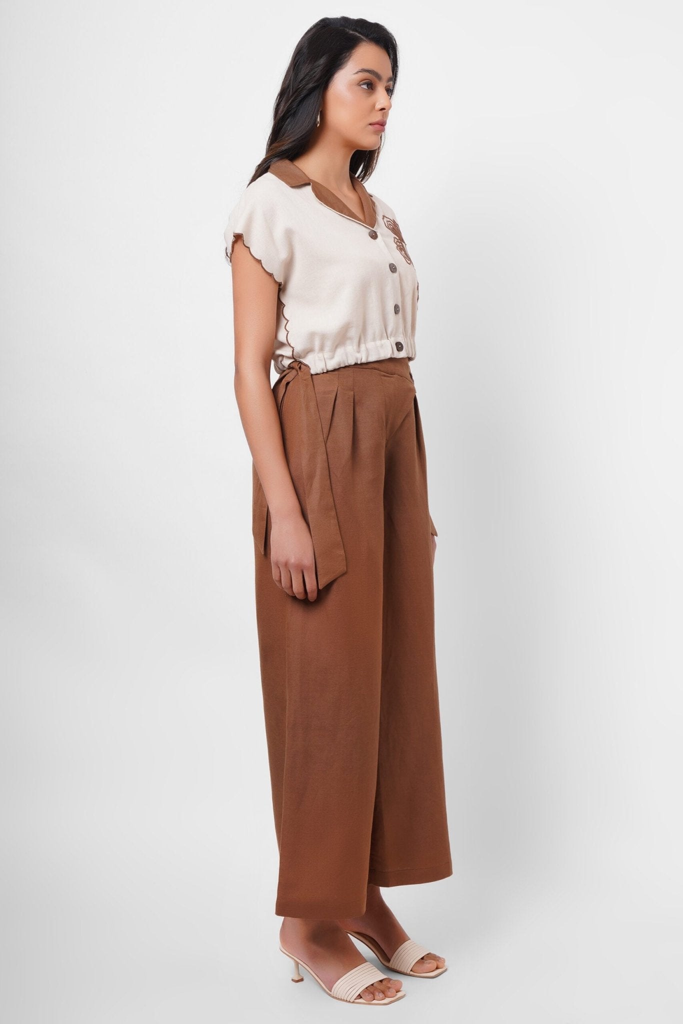 High - Waist Wide - Leg Cotton Trousers with Side Button Detail - Western Era trousers for women