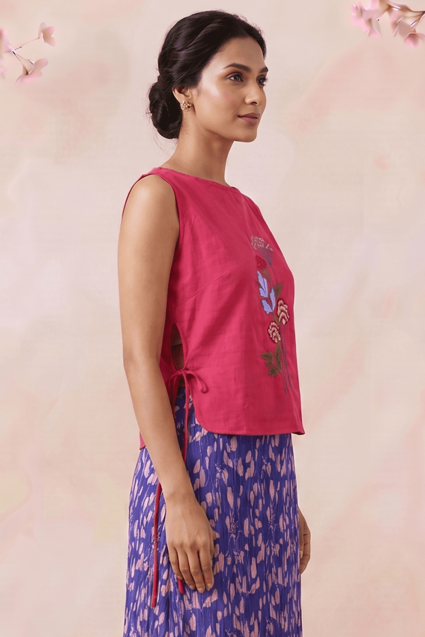 Hot Pink Bloom Overtop With Front Embroidery And Side Knot - Western Era Tops for women