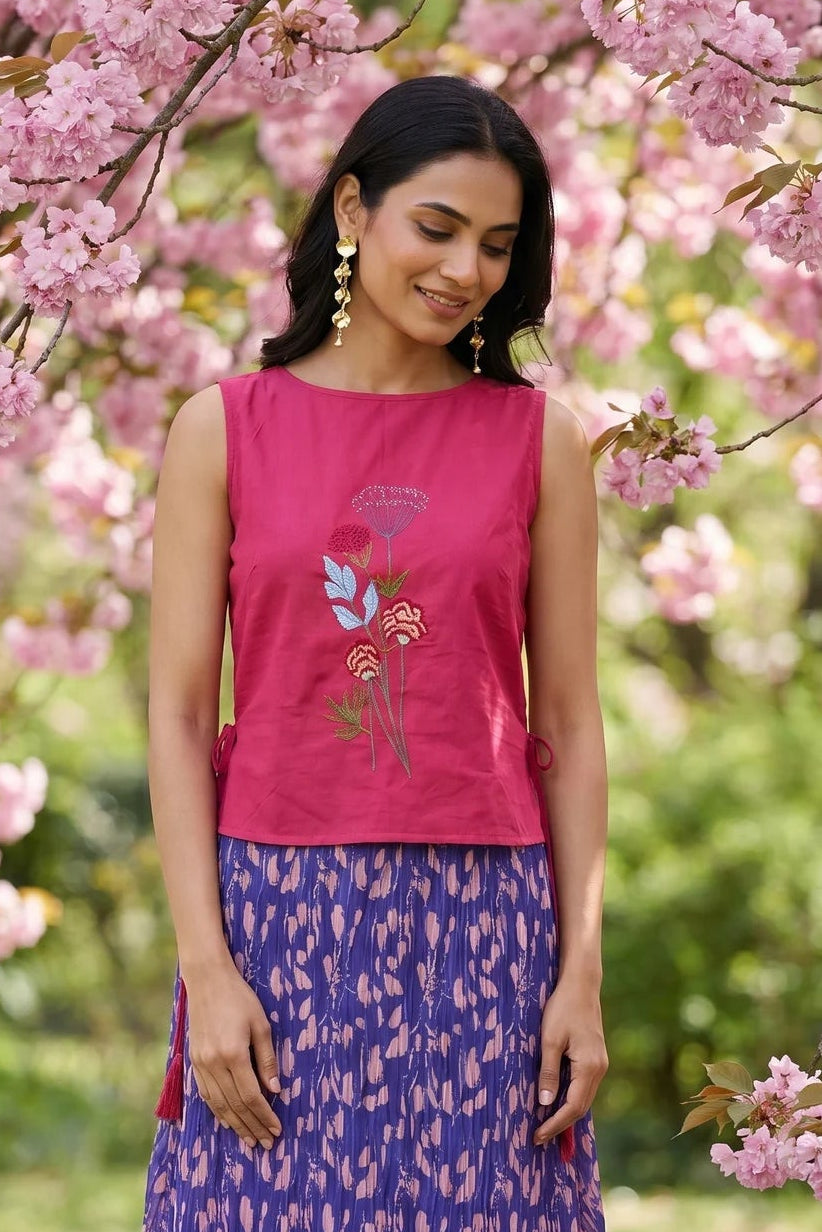 Hot Pink Bloom Overtop With Front Embroidery And Side Knot - Western Era Tops for women
