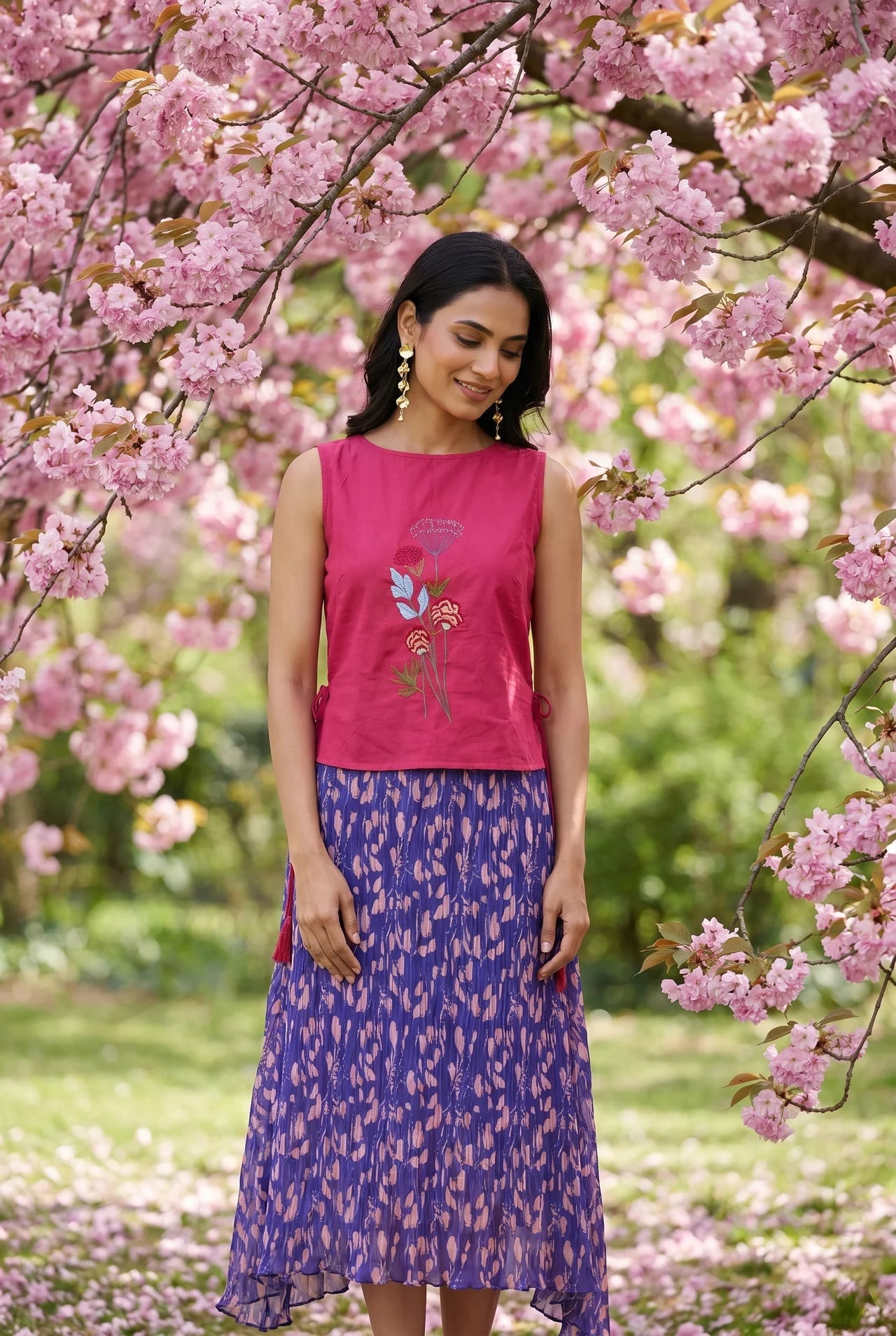 Hot Pink Bloom Overtop With Front Embroidery And Side Knot - Western Era Tops for women