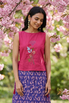Hot Pink Bloom Overtop With Front Embroidery And Side Knot - Western Era Tops for women