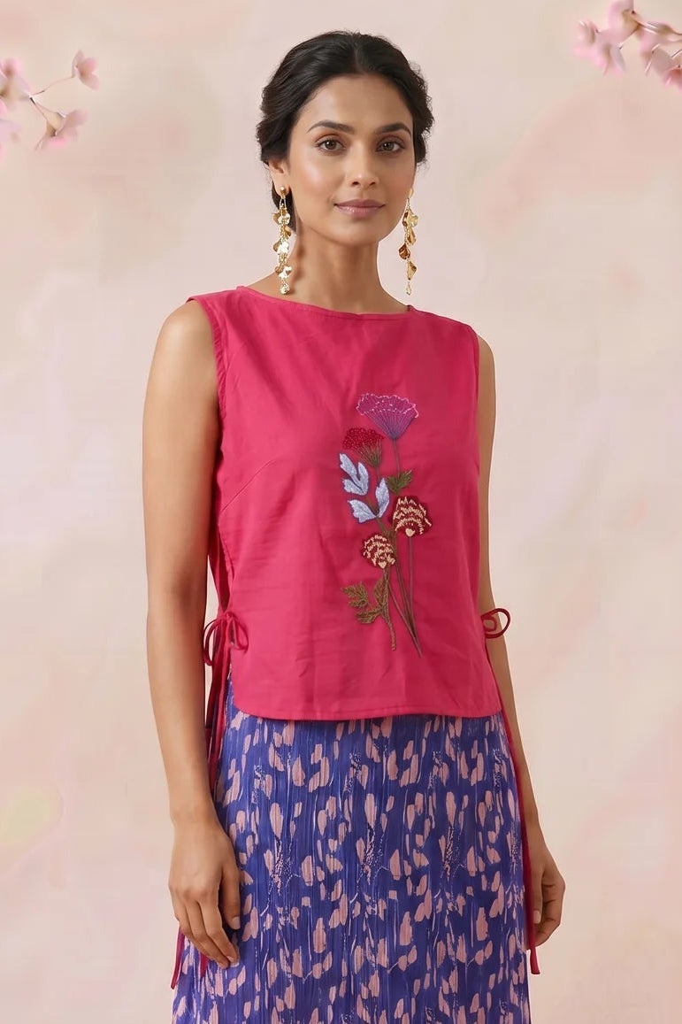 Hot Pink Bloom Overtop With Front Embroidery And Side Knot - Western Era Tops for women