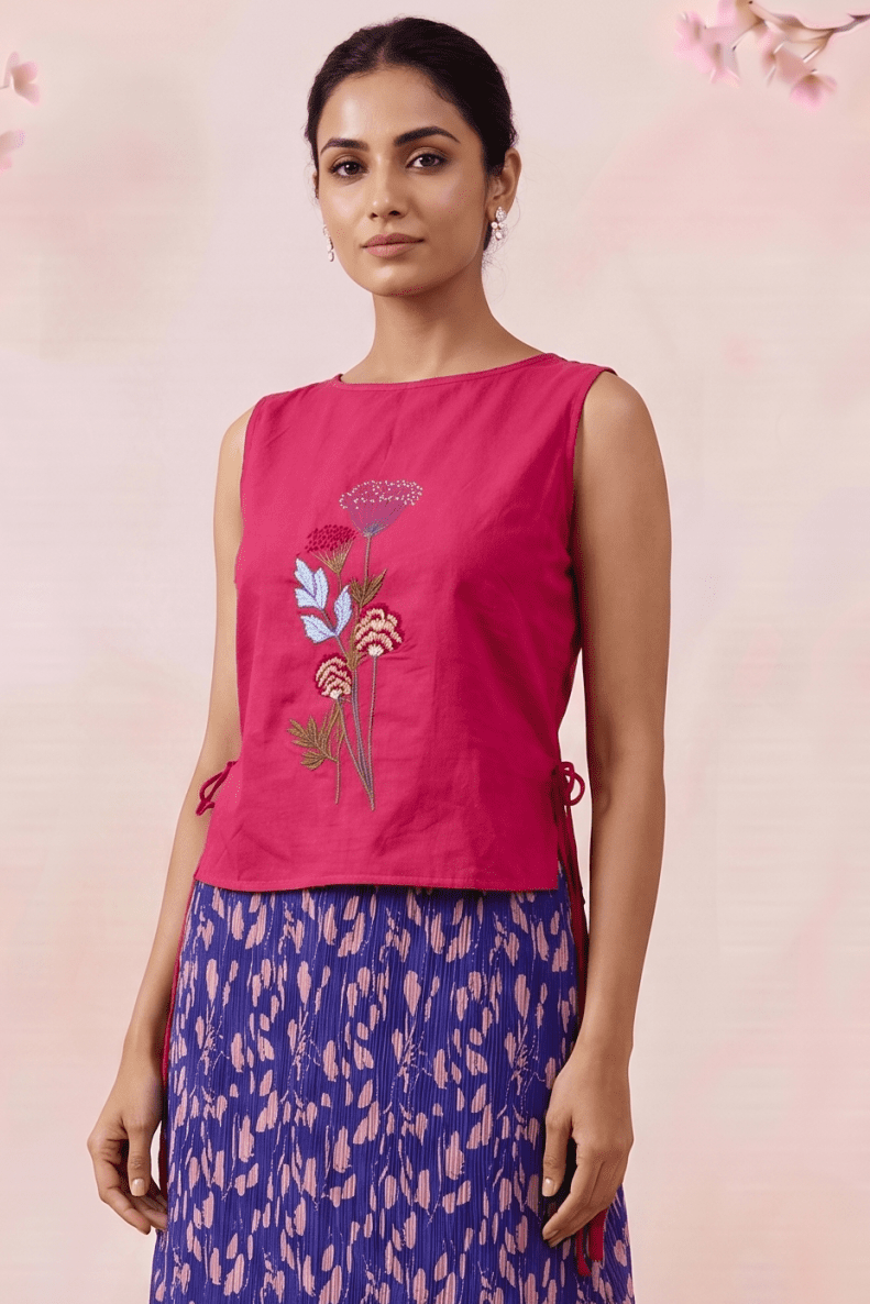 Hot Pink Bloom Overtop With Front Embroidery And Side Knot - Western Era Tops for women