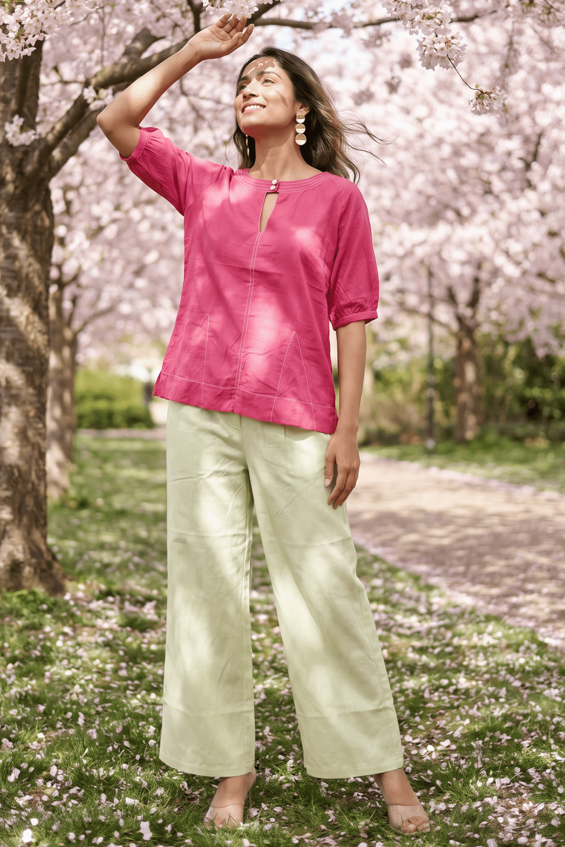 Hot Pink Hue Reina Wave Front Embroidery And Keyhole Co - Ord Set - Western Era Co - ord set for women