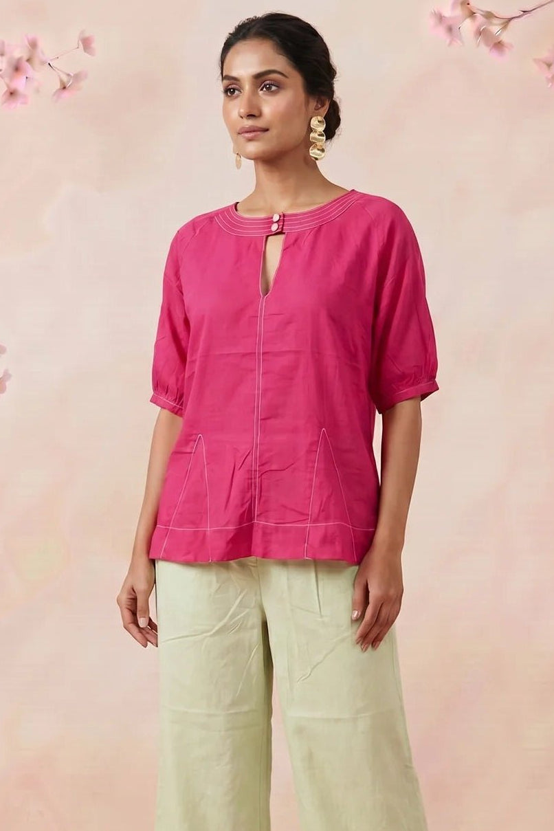 Hot Pink Hue Reina Wave Front Embroidery And Keyhole Co - Ord Set - Western Era Co - ord set for women