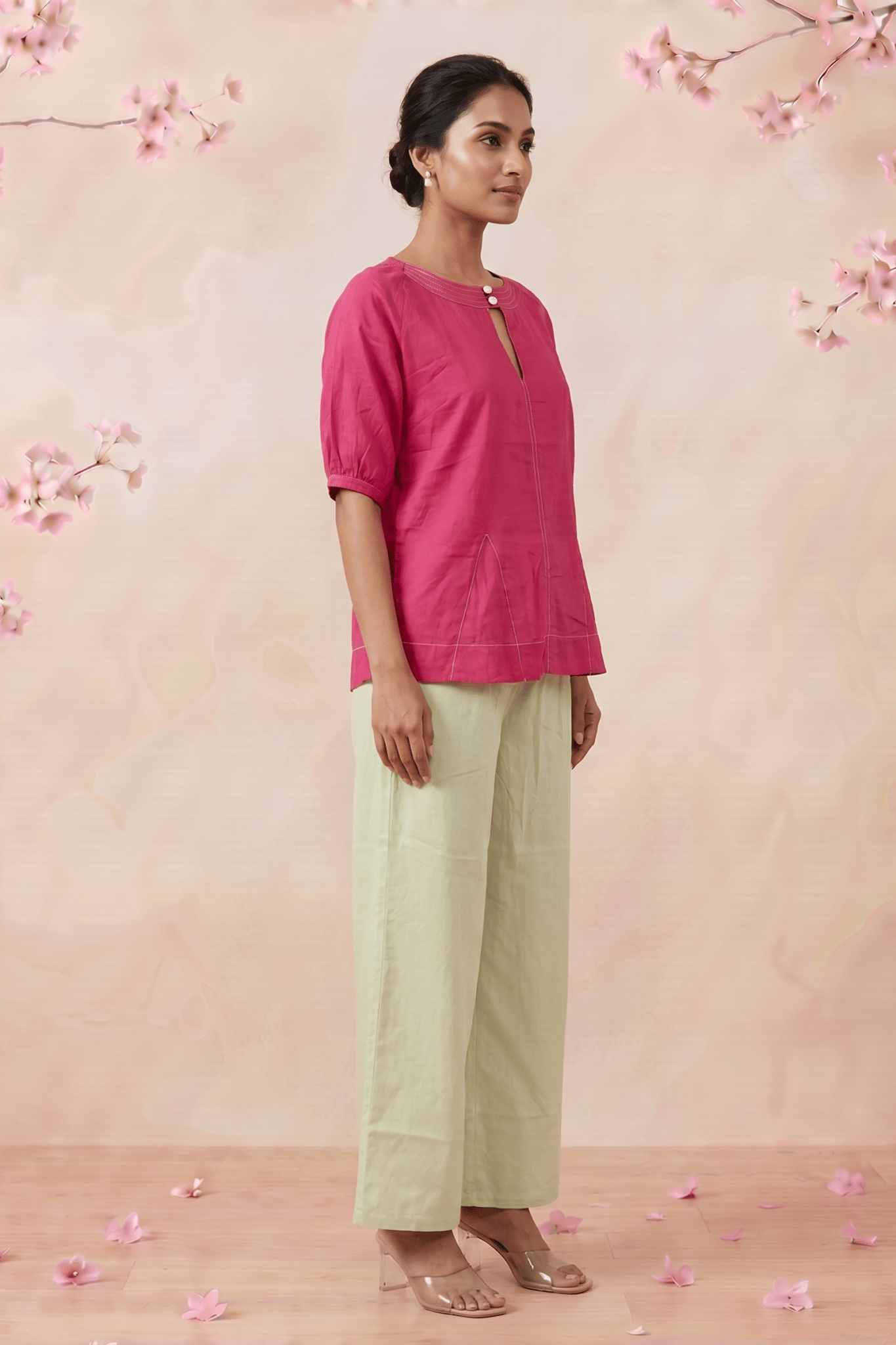 Hot Pink Hue Reina Wave Front Keyhole Top With Pearl Button - Western Era Tops for women