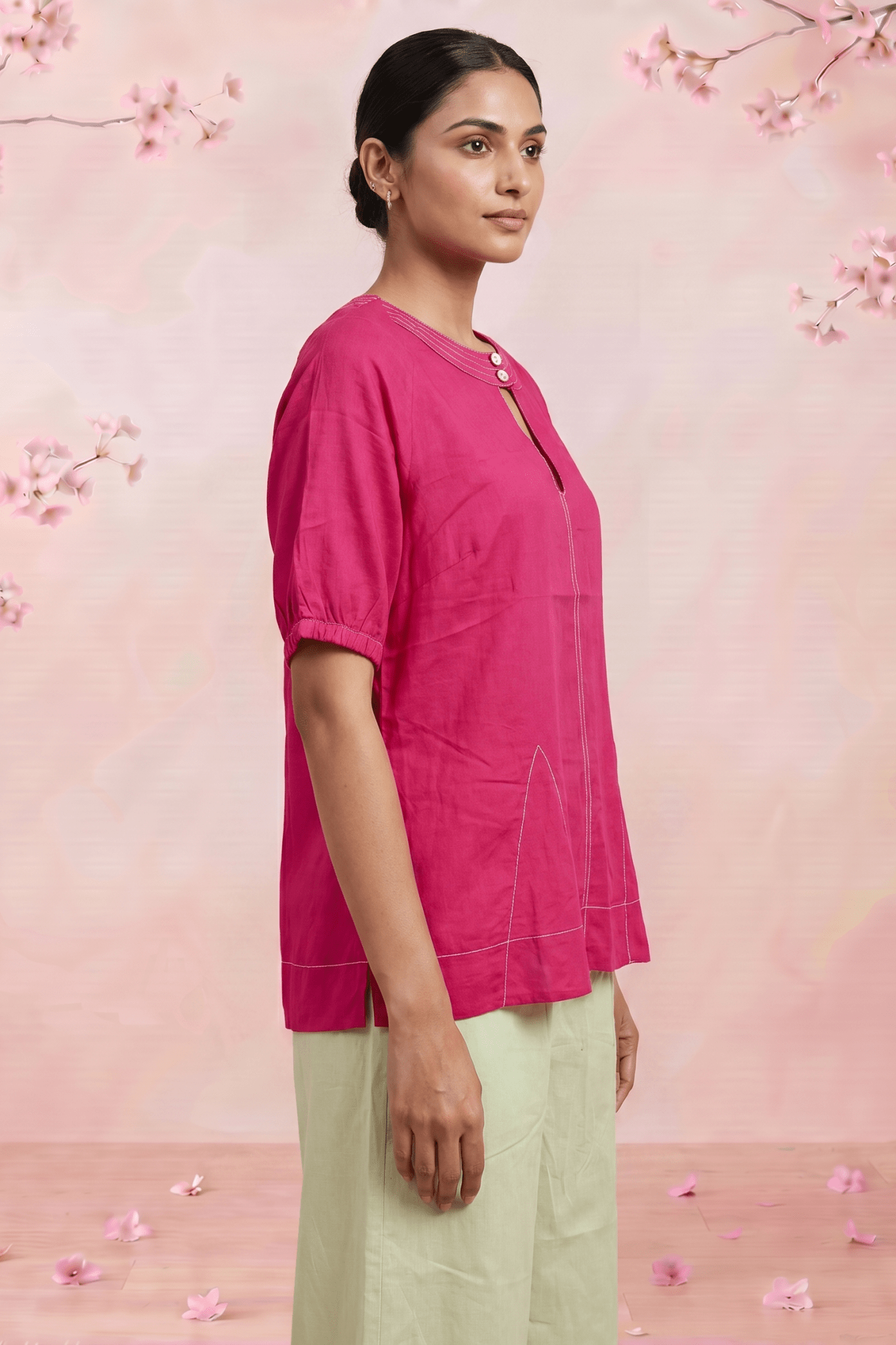 Hot Pink Hue Reina Wave Front Keyhole Top With Pearl Button - Western Era Tops for women