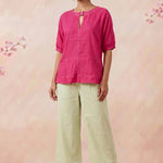 Hot Pink Hue Reina Wave Front Keyhole Top With Pearl Button - Western Era Tops for women