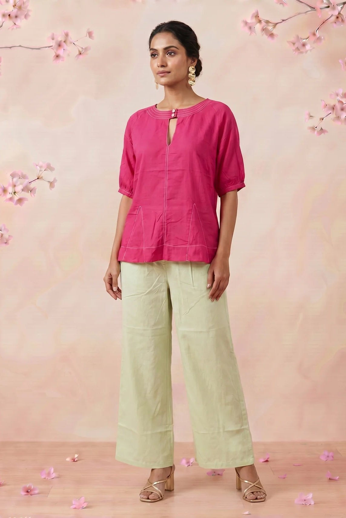 Hot Pink Hue Reina Wave Front Keyhole Top With Pearl Button - Western Era Tops for women