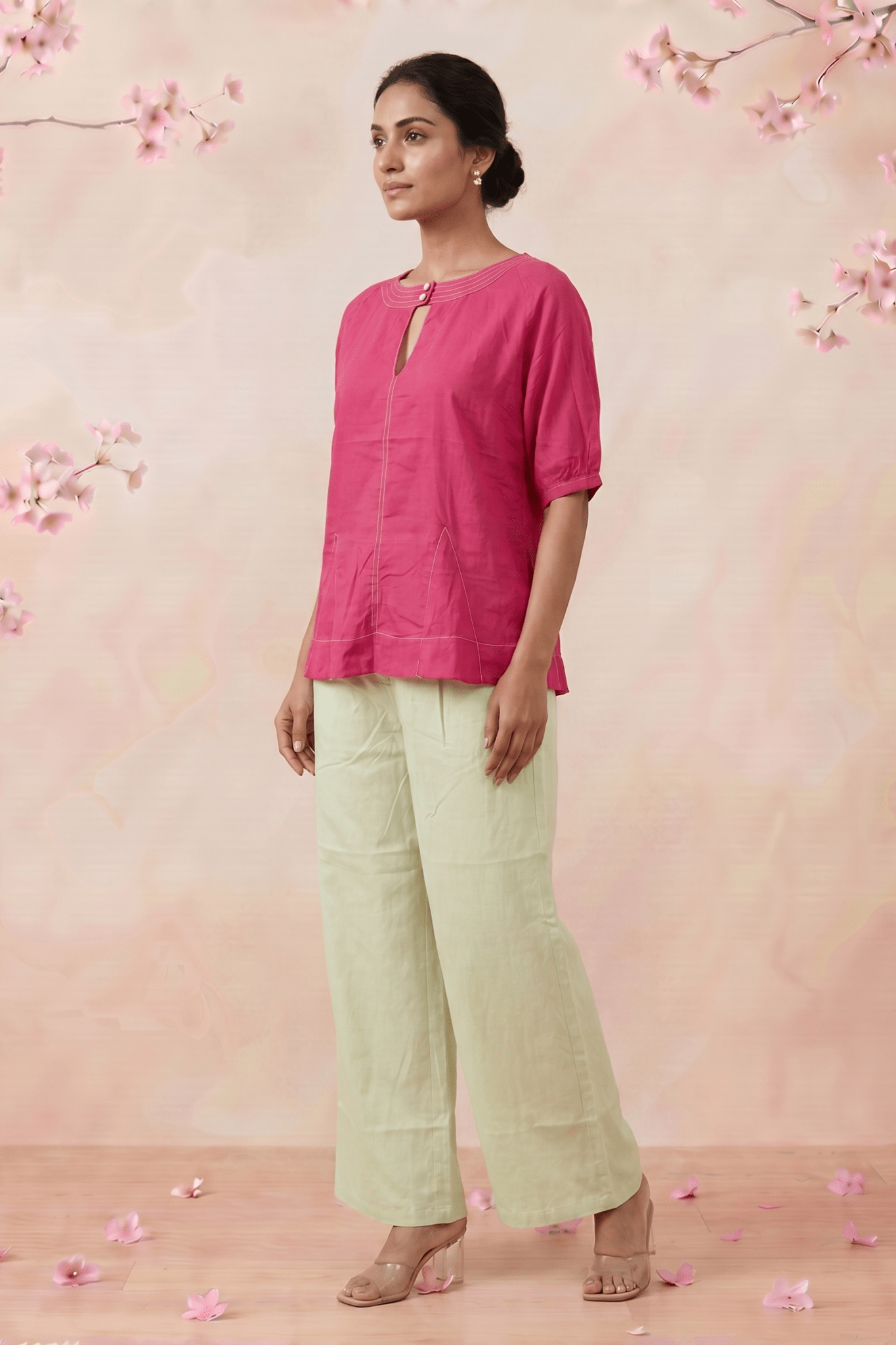 Hot Pink Hue Reina Wave Front Keyhole Top With Pearl Button - Western Era Tops for women