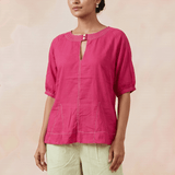 Hot Pink Hue Reina Wave Front Keyhole Top With Pearl Button - Western Era Tops for women