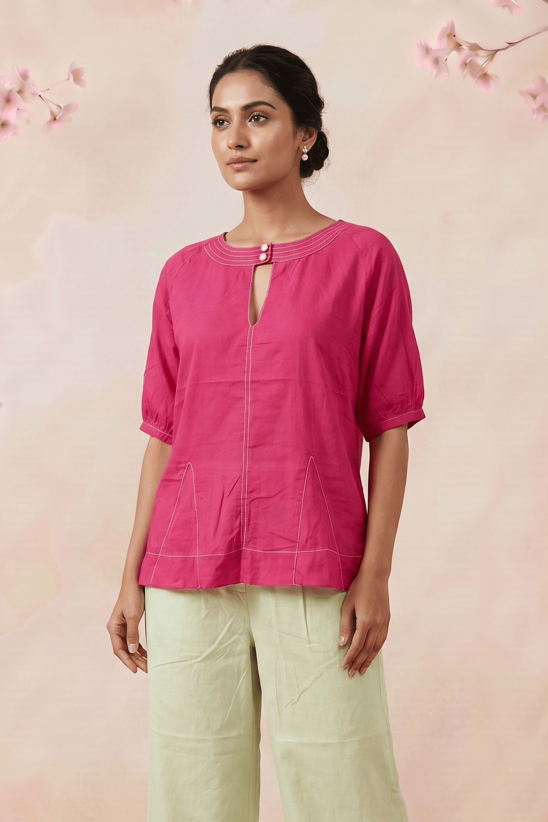 Hot Pink Hue Reina Wave Front Keyhole Top With Pearl Button - Western Era Tops for women