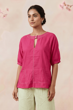 Hot Pink Hue Reina Wave Front Keyhole Top With Pearl Button - Western Era Tops for women