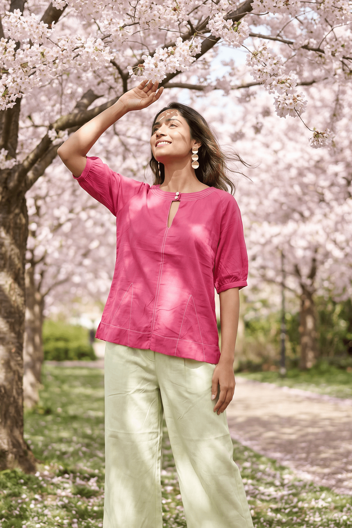 Hot Pink Hue Reina Wave Front Keyhole Top With Pearl Button - Western Era Tops for women