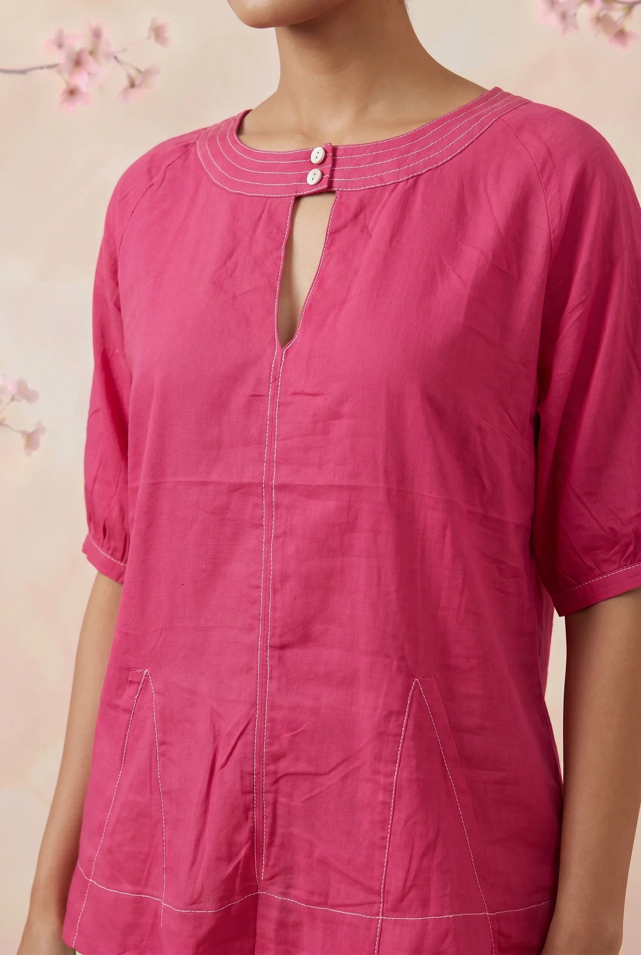 Hot Pink Hue Reina Wave Front Keyhole Top With Pearl Button - Western Era Tops for women