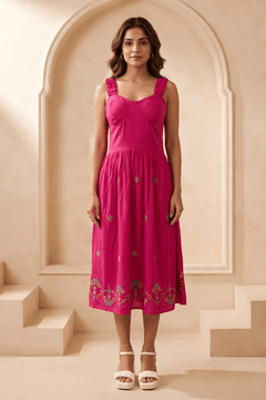 Hot Pink Hue Sculpted Corset Dhari Stitch Form Dress - Western Era Dresses for women