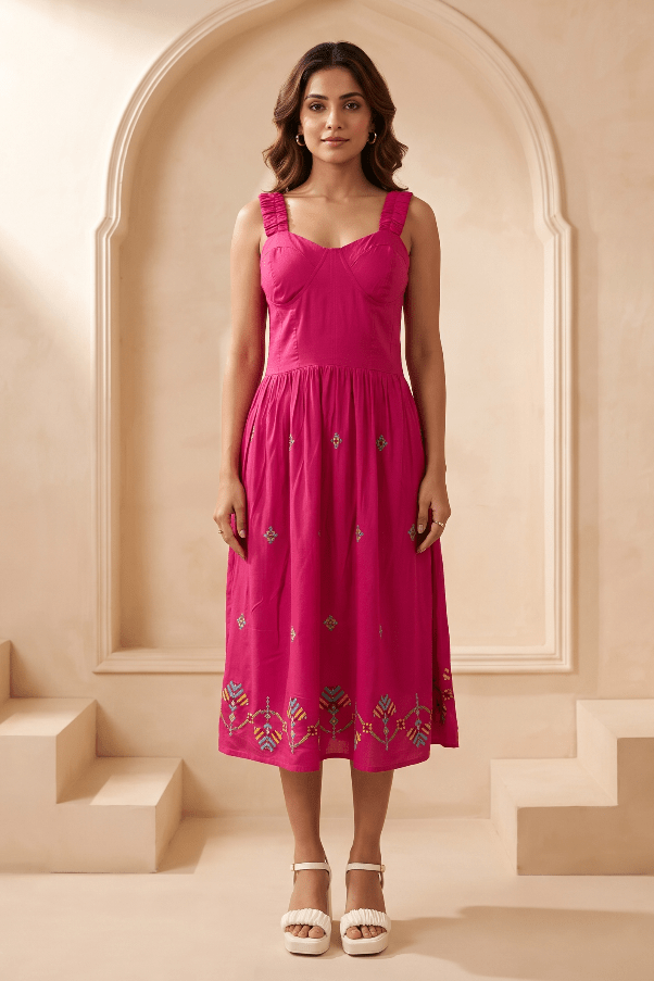 Hot Pink Hue Sculpted Corset Dhari Stitch Form Dress - Western Era Dresses for women