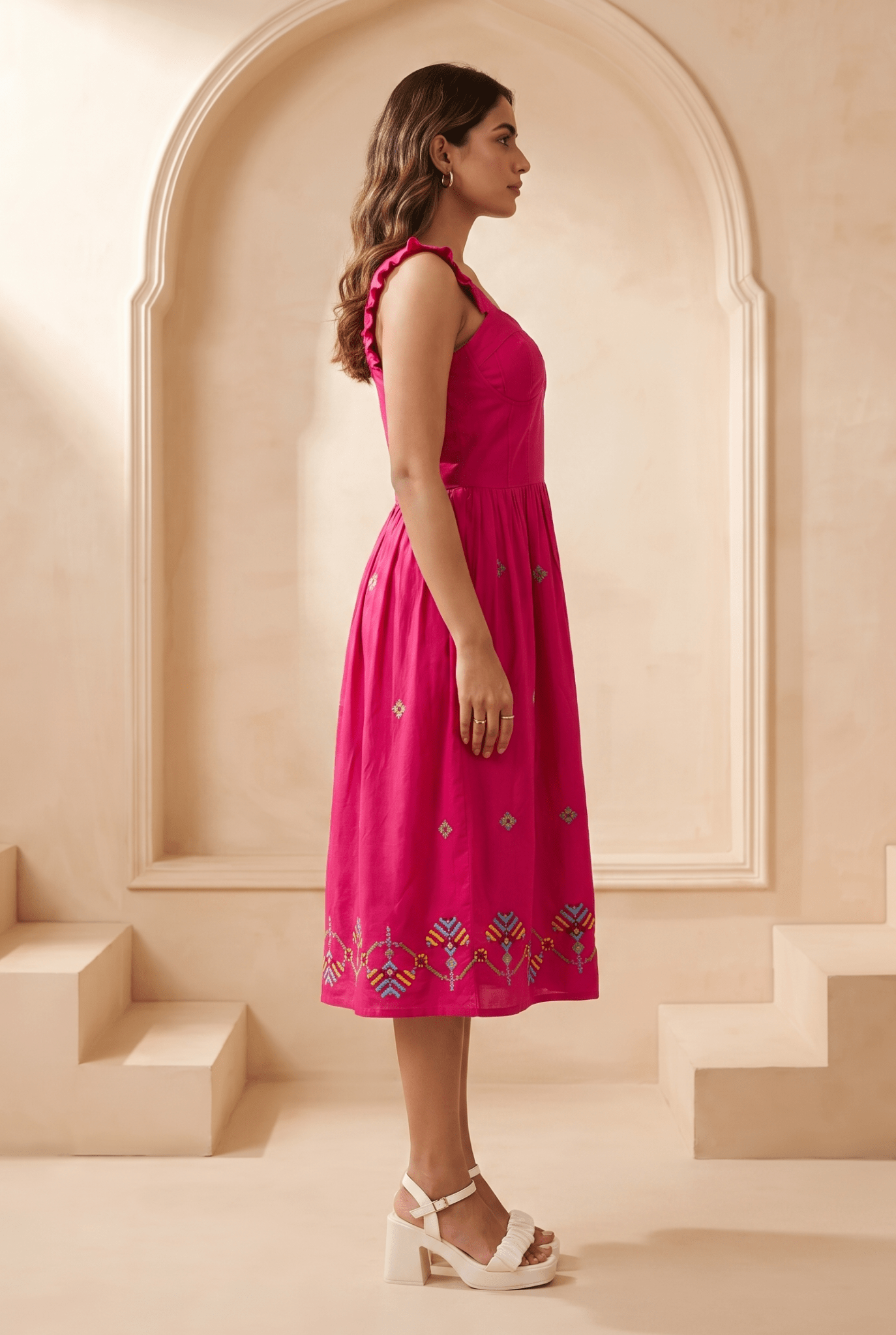 Hot Pink Hue Sculpted Corset Dhari Stitch Form Dress - Western Era Dresses for women