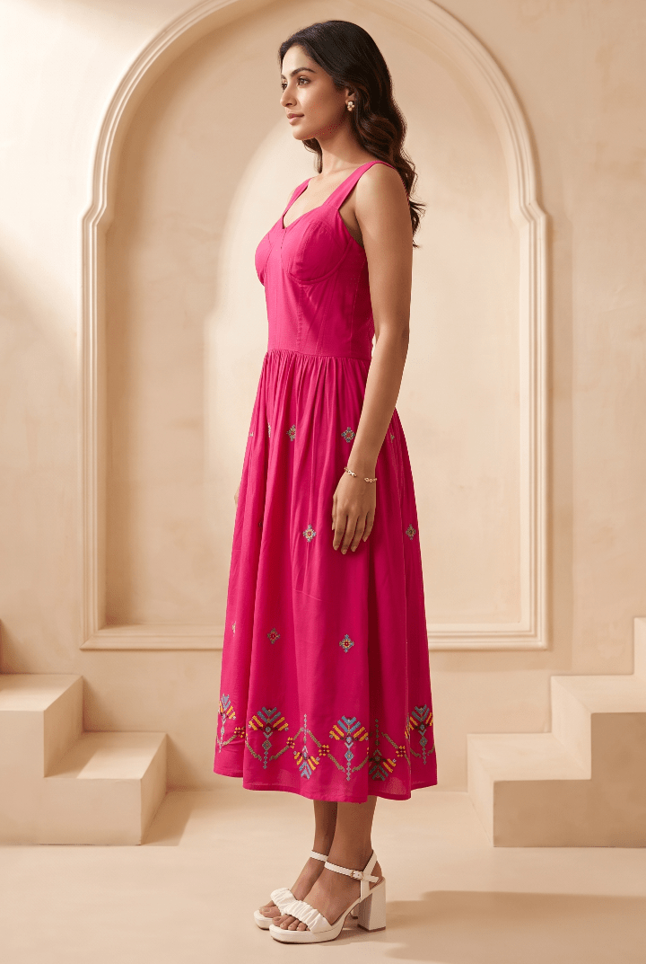 Hot Pink Hue Sculpted Corset Dhari Stitch Form Dress - Western Era Dresses for women