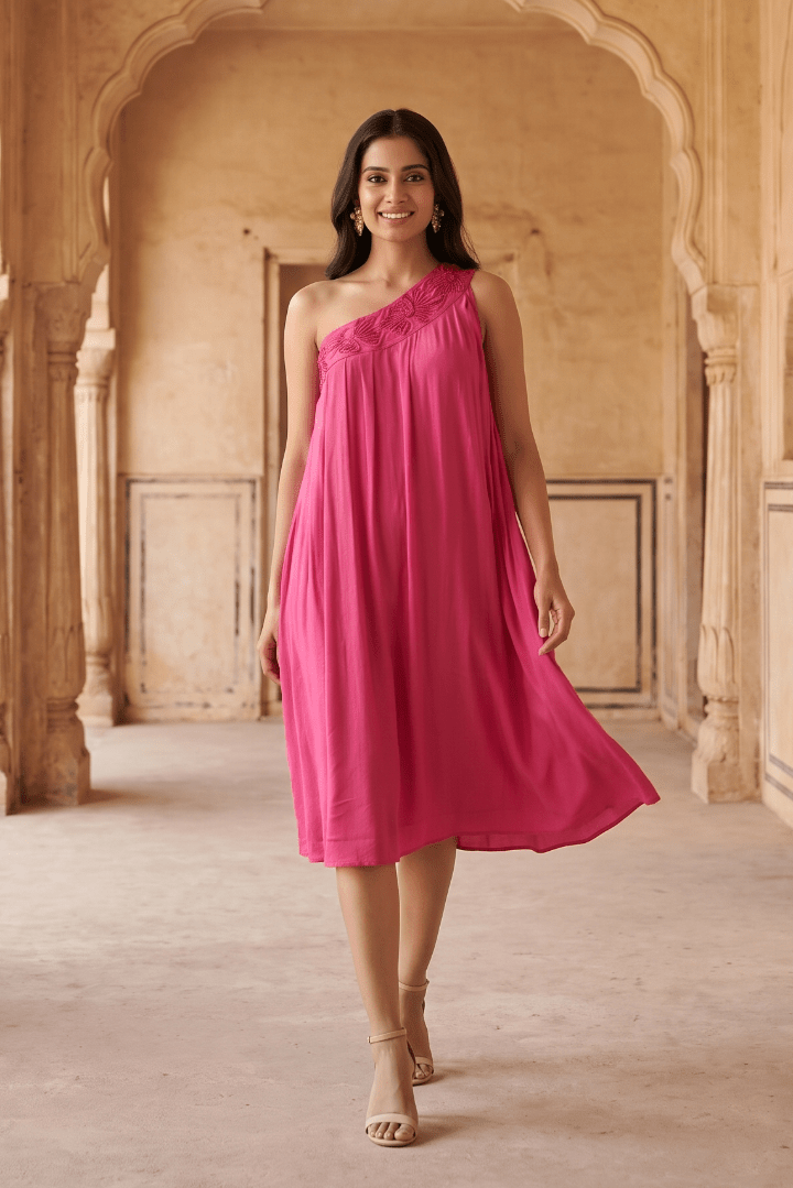 Hot Pink One Shoulder Short Embroidered Dress - Western Era Dresses for women