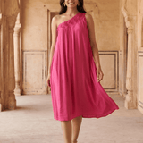 Hot Pink One Shoulder Short Embroidered Dress - Western Era Dresses for women