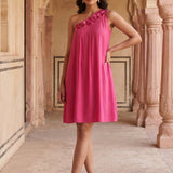 Hot Pink One Shoulder Short Embroidered Dress - Western Era Dresses for women
