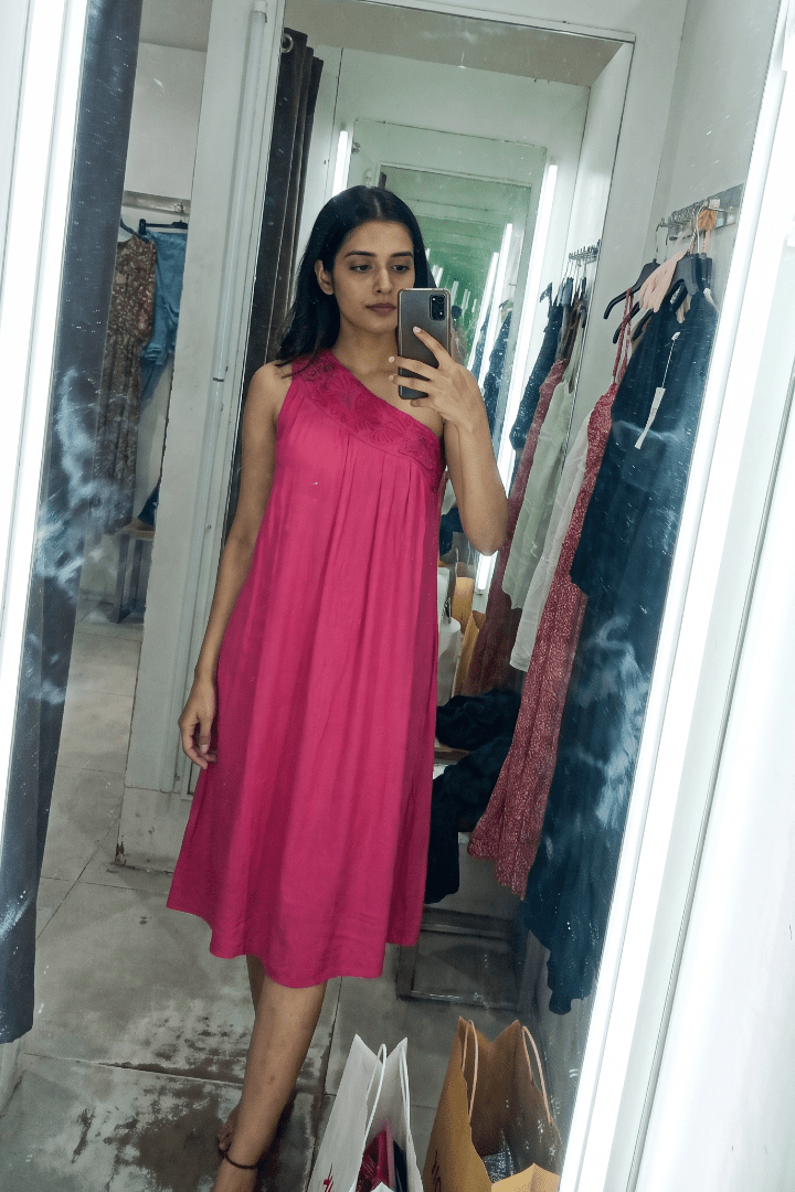 Hot Pink One Shoulder Short Embroidered Dress - Western Era Dresses for women