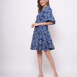 Indigo Block Print Short Dress With Diamond Cut Back - Western Era Dresses for women