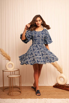 Indigo Block Print Short Dress With Diamond Cut Back - Western Era Dresses for women