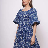 Indigo Block Print Short Dress With Diamond Cut Back - Western Era Dresses for women